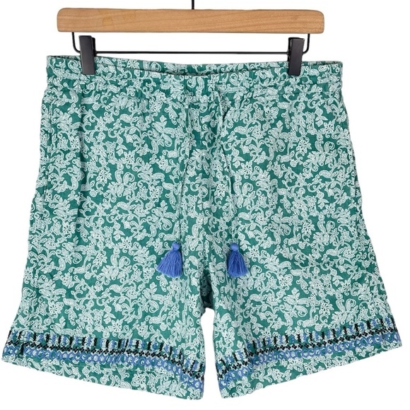J Jill Love Linen Shorts Small Green Print Embroidered Tassel Pull On High Rise - Picture 1 of 6